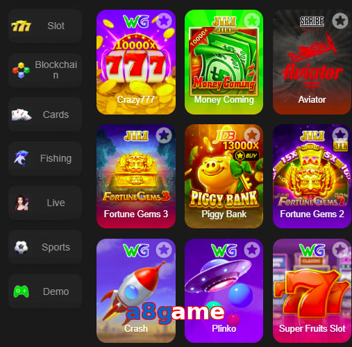 Main screen of A8game game page for PK players
