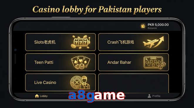 Lobby view of A8game for Pakistan users